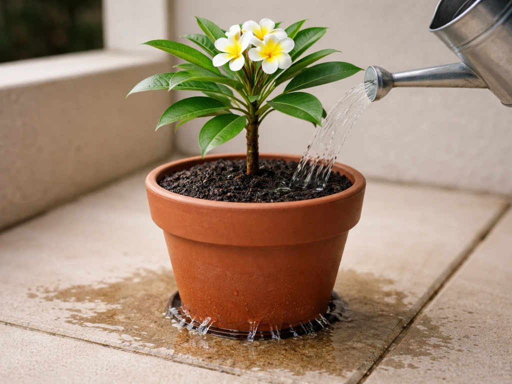 Watering a potted frangipani until water drains out, wet soil and ground in natural light.