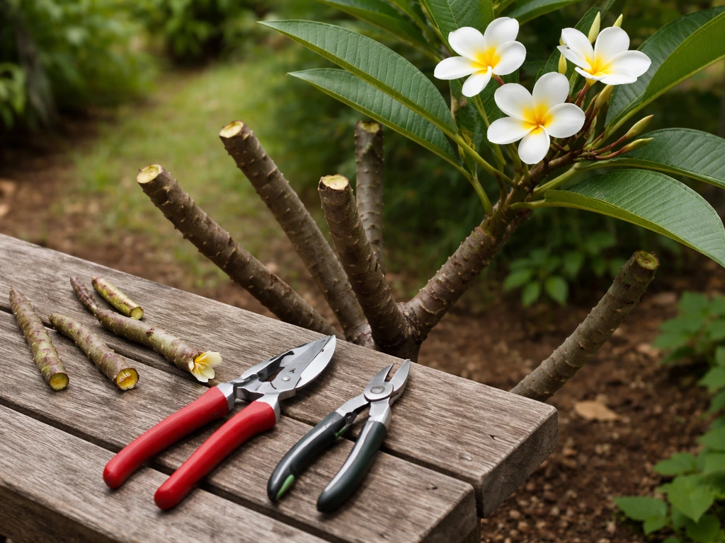 Frangipani pruning cuts on branches with secateurs and fallen twigs laid on a wooden bench.