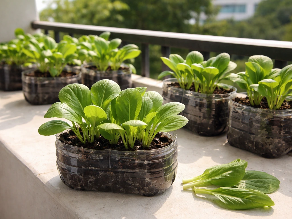 Healthy pechay growing in cut plastic bottles on a sunny balcony windowsill, with an abundant leafy harvest.