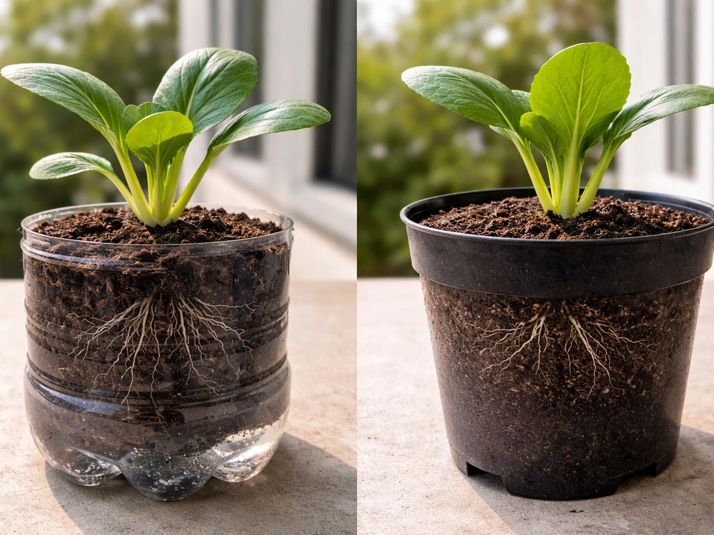Side-by-side: pechay seedling in a plastic bottle vs a deeper pot showing shallower roots.
