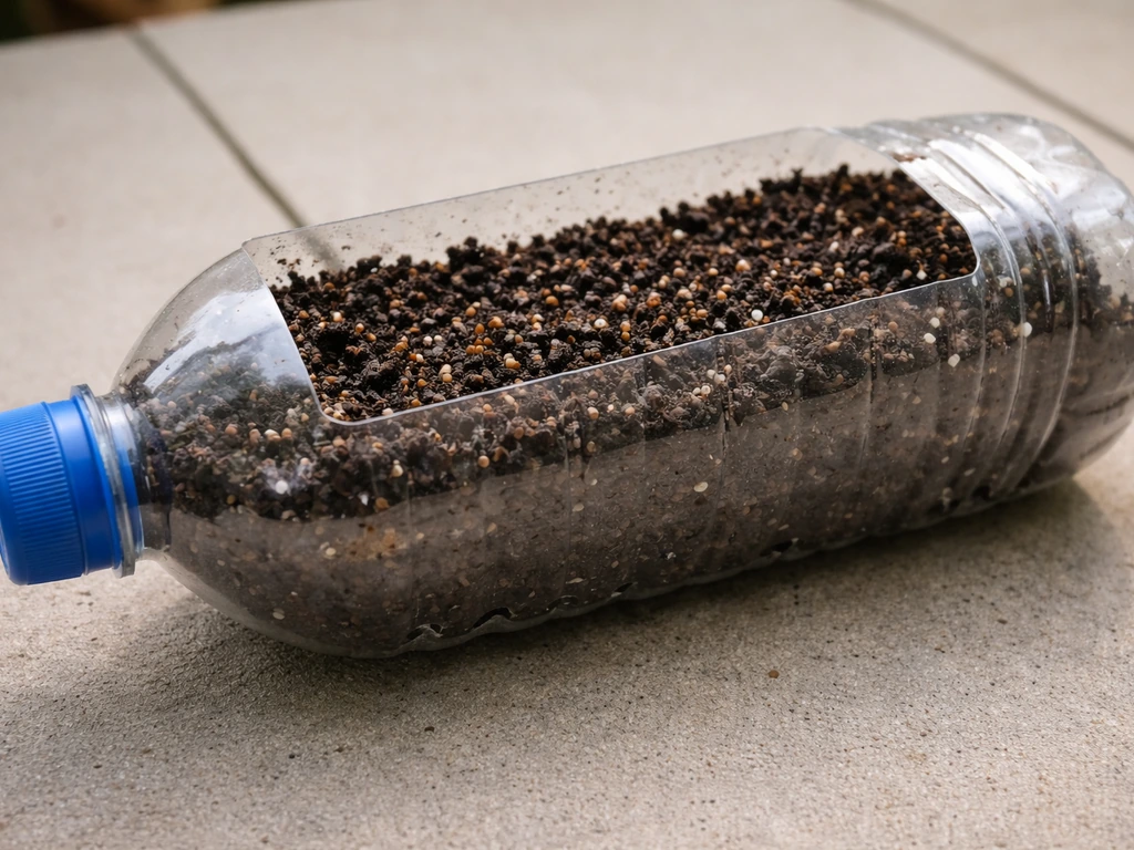 Horizontal plastic bottle with a rectangular top opening, seeds and soil placed for planting.