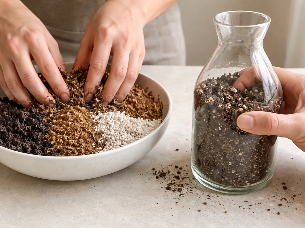 Hands mixing layered coconut coir, compost, and perlite into a transparent bottle planter.