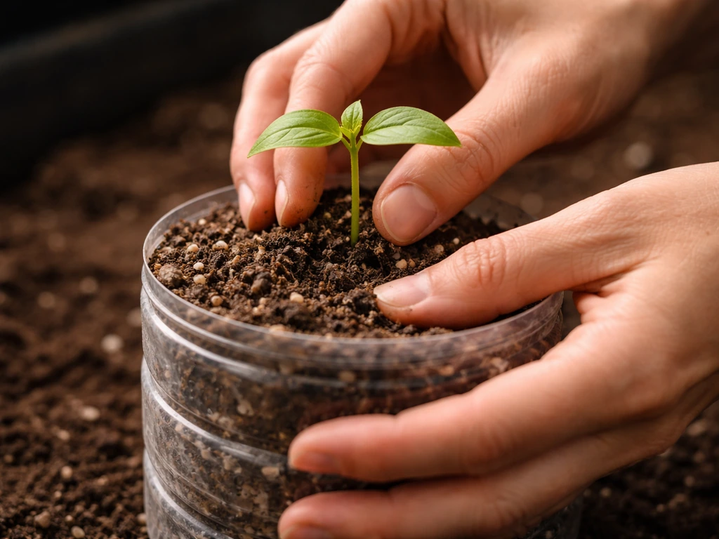 Hands transplanting a 5–7 cm seedling with two true leaves into a small bottle planting hole.