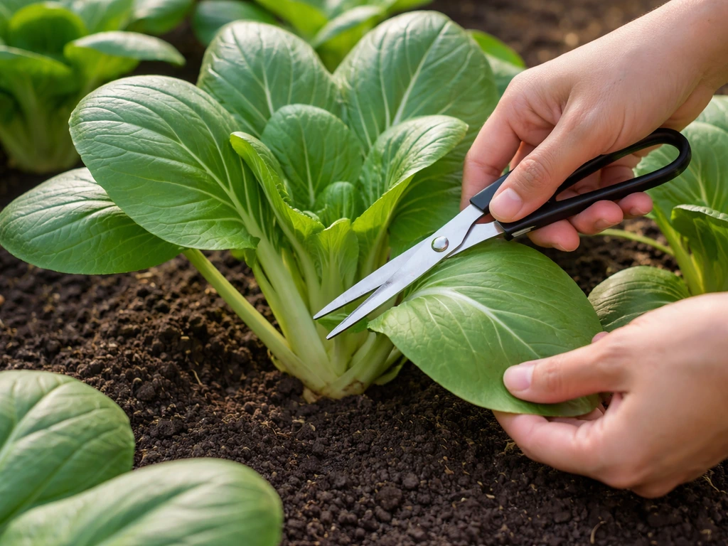 Hands snip outer pechay leaves with clean scissors, leaving the center to keep growing
