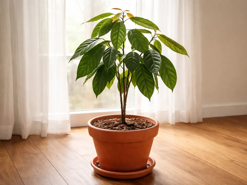 Lush cocoa tree in a terracotta pot indoors near a bright window, leaves and pot setup clearly visible.