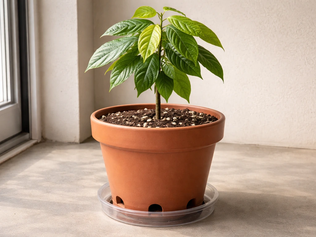 Young cocoa plant in a small pot with large drainage holes, perched above a saucer, using airy perlite-bark mix.
