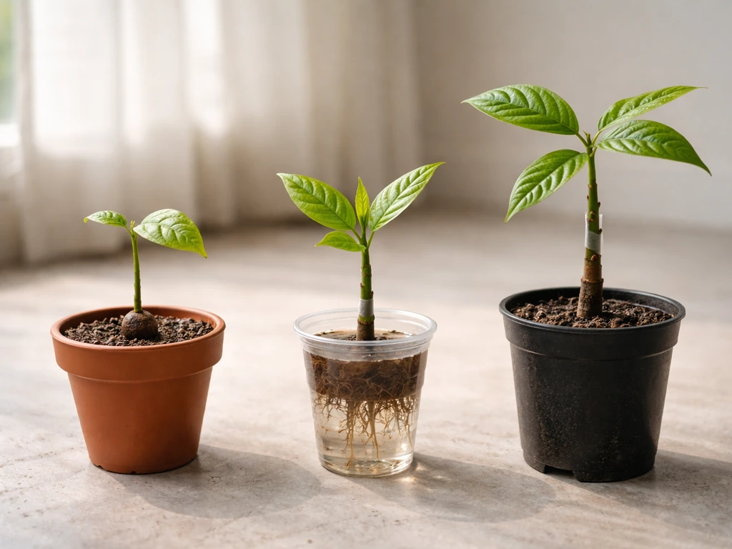 Three early cocoa plants in separate pots: seedling, cutting, and grafted seedling, side-by-side.