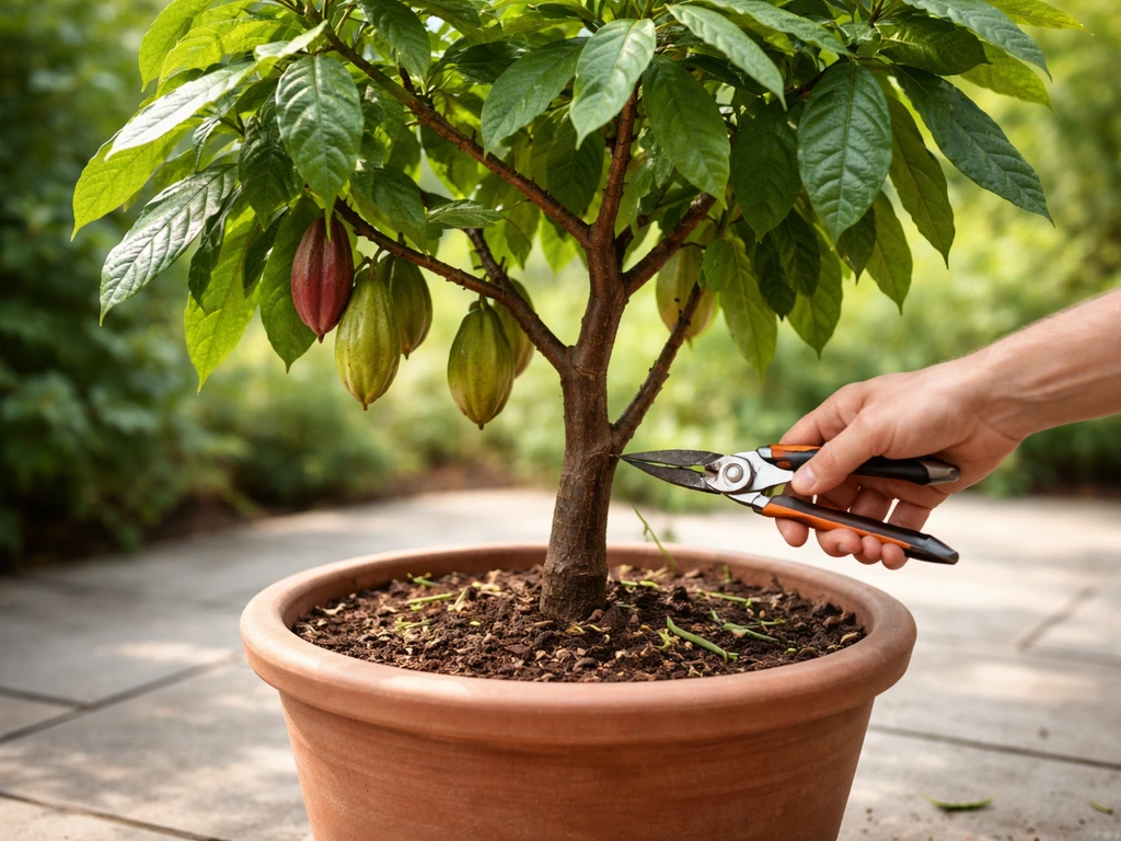 Side view of a potted cocoa tree with pruning shears cutting trained, compact branches.