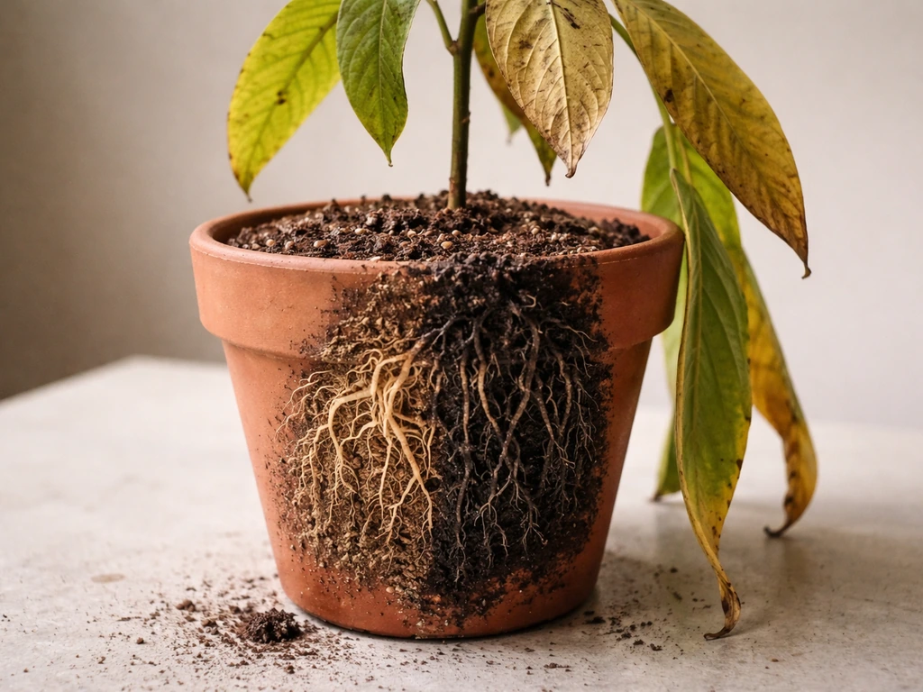 Close-up of a cocoa pot showing healthy roots versus dark mushy waterlogged roots and yellow wilting leaves.