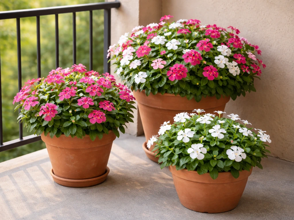 Vibrant annual vinca in terracotta pots on a sunny patio balcony, blooming with pink and white flowers.