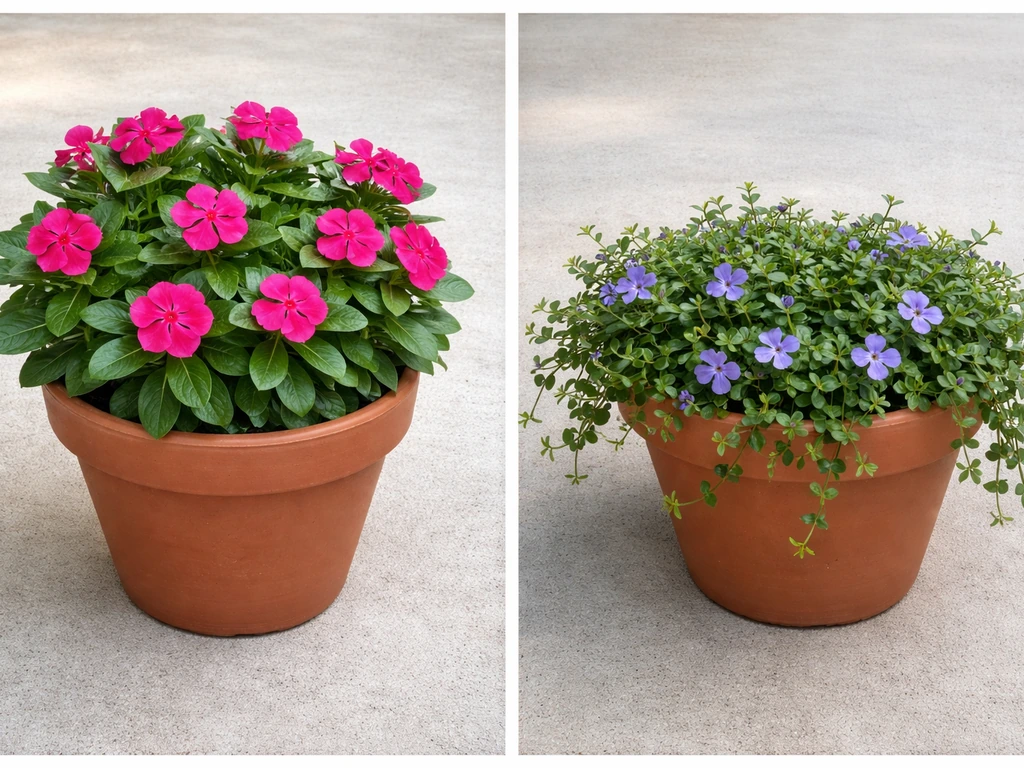 Side-by-side pots: annual vinca with bright blooms vs ground vinca trailing over the rim in daylight.