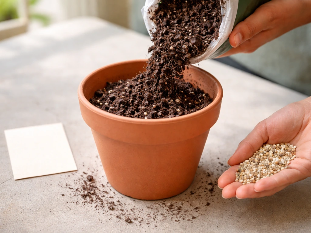 A pot being filled with commercial potting mix, with granular fertilizer in hand.