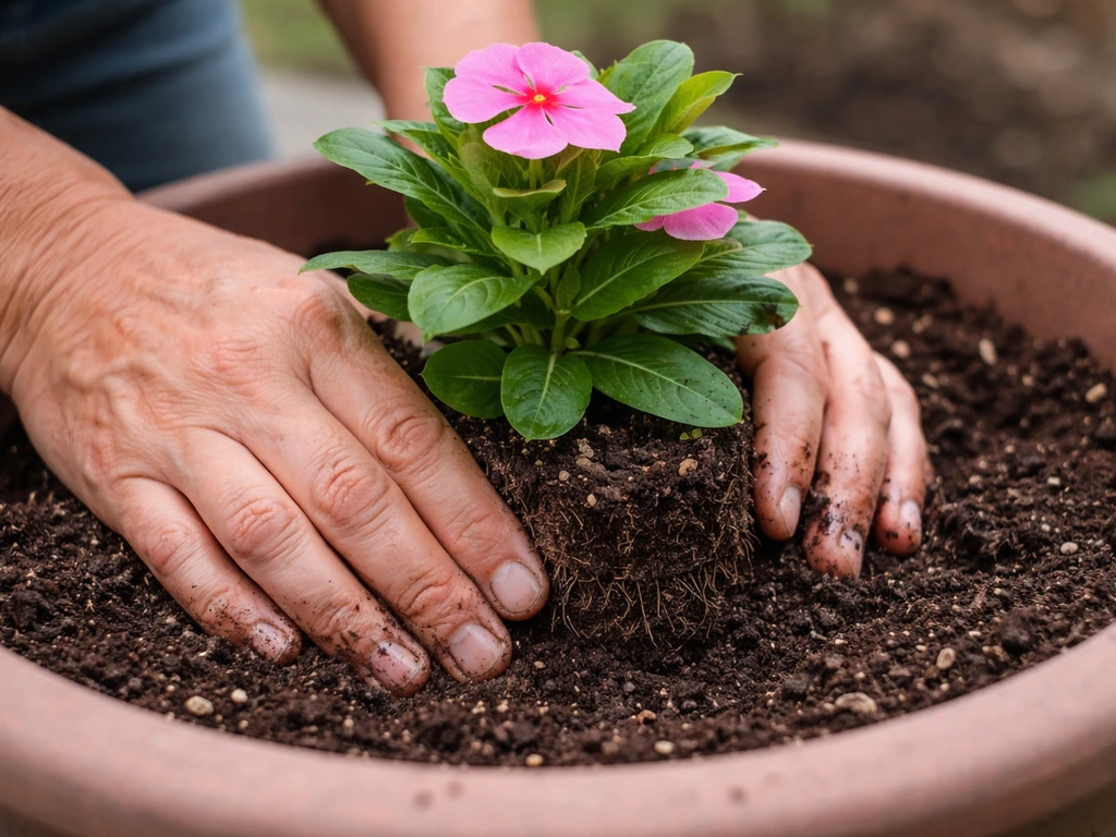 Anonymous hands set the annual vinca root ball at the right depth and firm soil in a container.