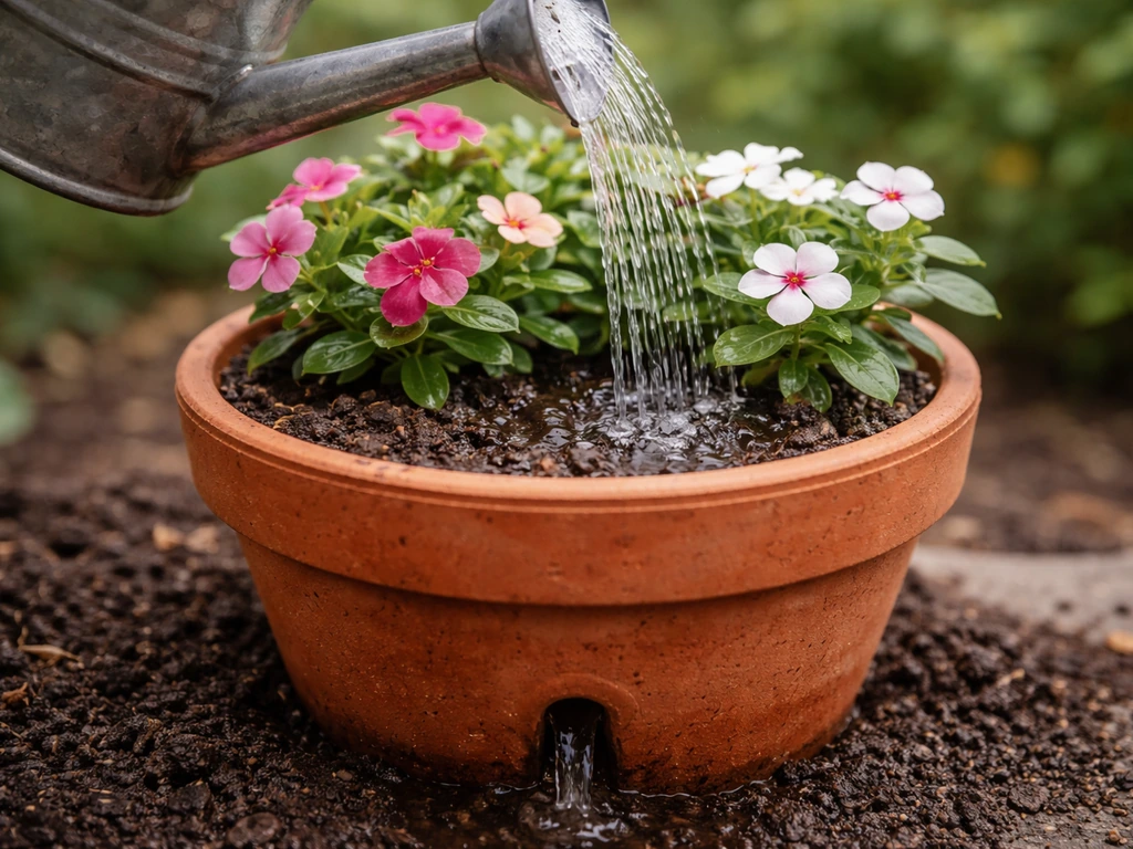 A watering can pours water into a pot of annual vinca as the excess drains out