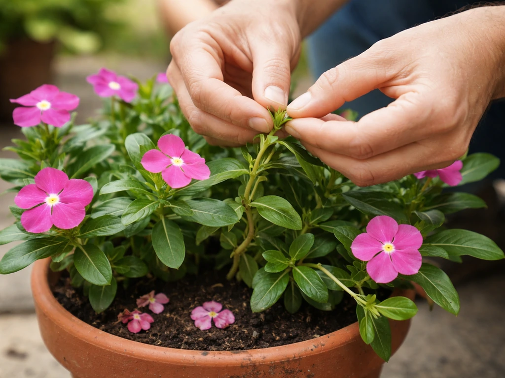 Hands gently pinching back annual vinca flowers in a small pot, with fresh blooms nearby
