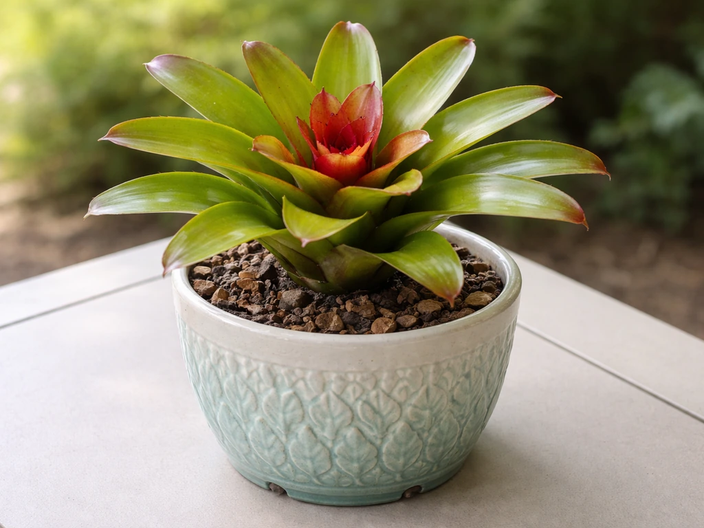 Healthy bromeliad rosette growing in a decorative pot, soil and drainage visible, bright natural light.