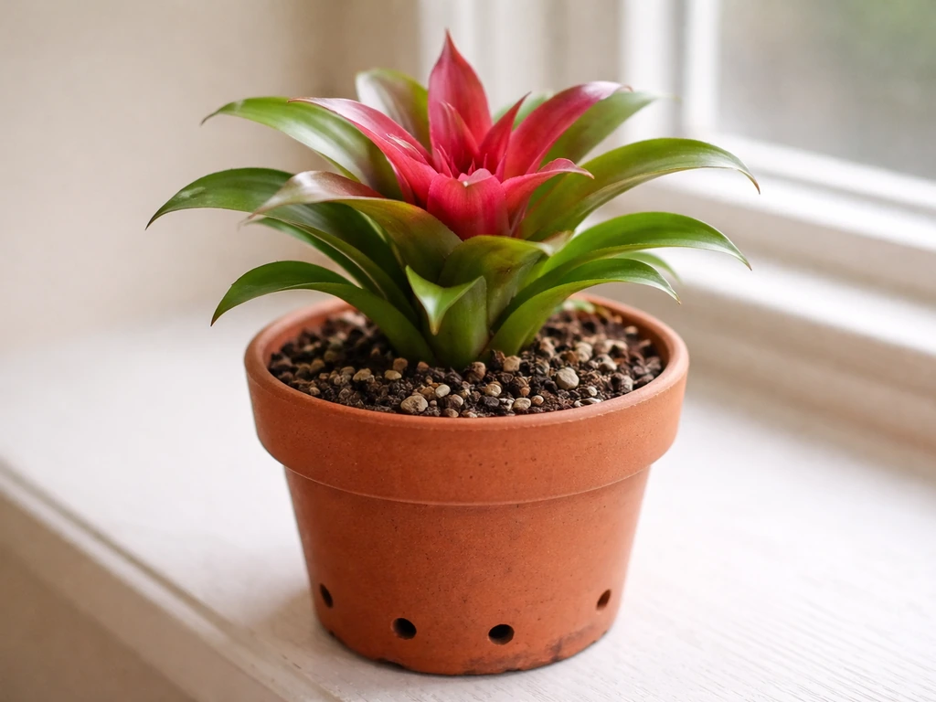 Close-up of a bromeliad in a small pot with visible drainage holes and fast-draining mix layering