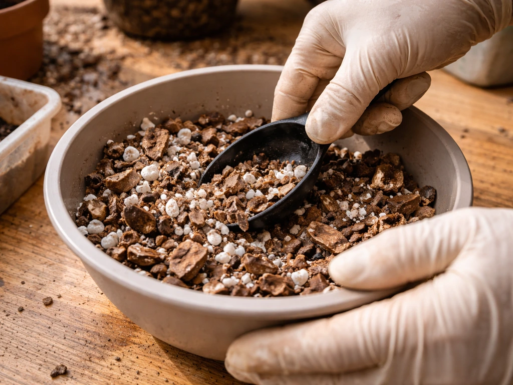 Gloved hands mixing airy bromeliad bark and perlite-like substrate in a small potting bowl on a bench.