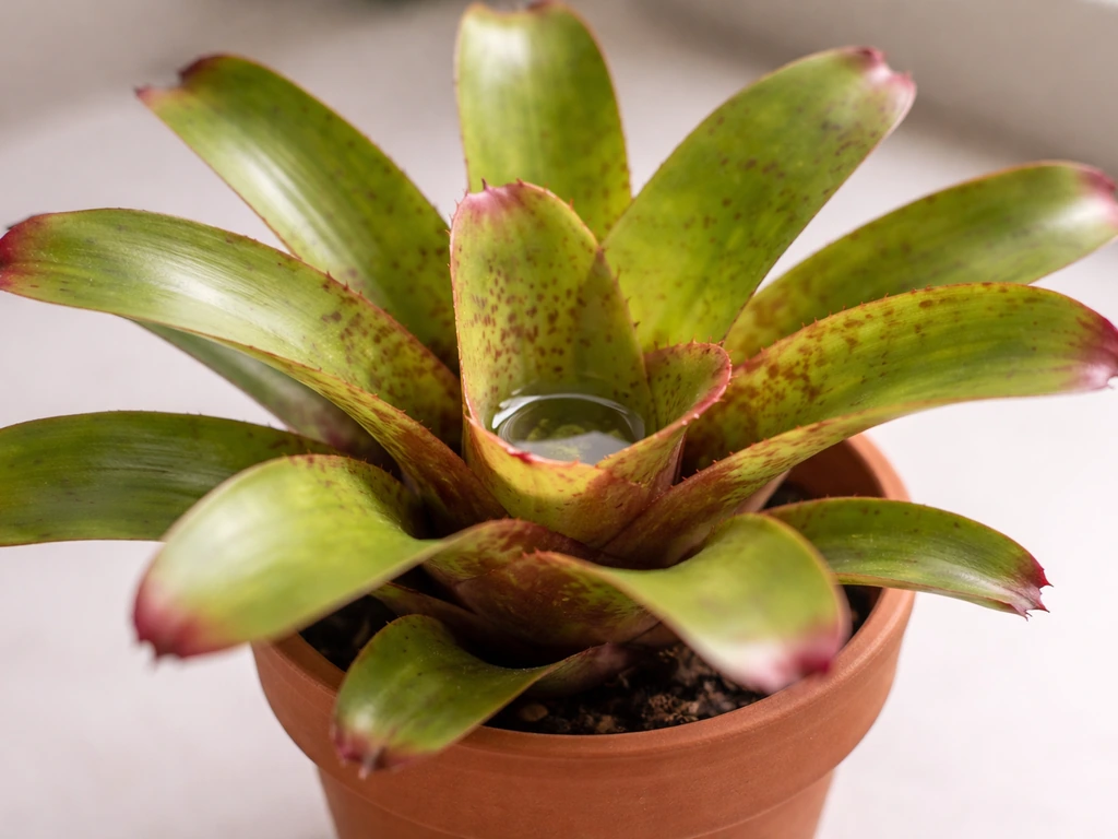 Tank-forming bromeliad with central rosette cup partially filled, leaves dry in a simple pot.