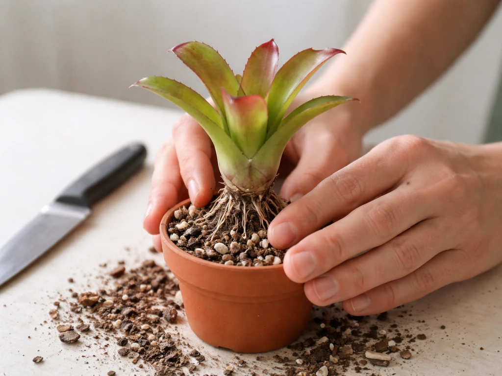 Hand potting a separated bromeliad pup into fresh mix, roots visible beside a sterilized blade