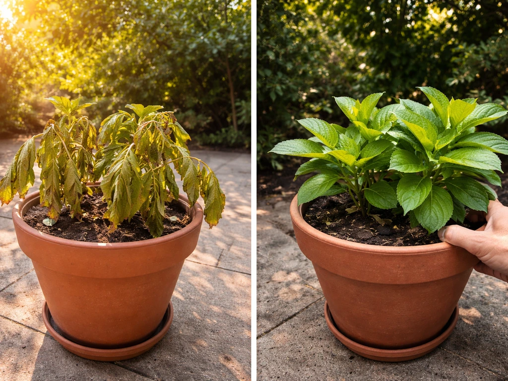 Two adjacent pots showing heat stress and recovery after moving to shade