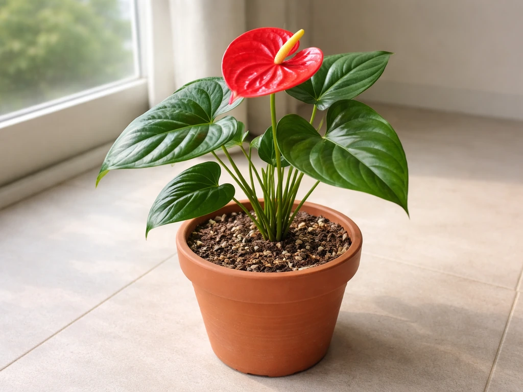 Vibrant potted anthurium in a terracotta container with healthy leaves and a red blooming spadix spathe.