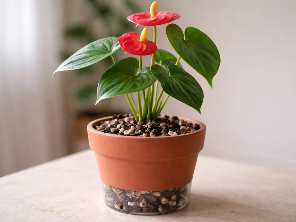 Close-up of an anthurium in a chunky well-draining pot with drainage holes and healthy roots not sitting in wet soil.