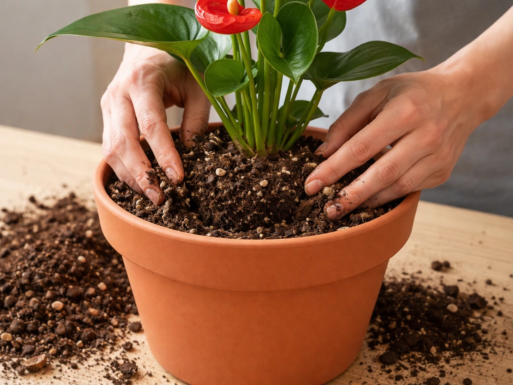 Anthurium root ball seated at correct height in a clean pot with potting mix added around it