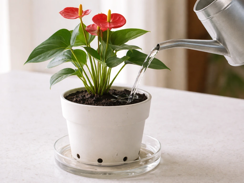 Watering can pouring into a potted anthurium with drainage holes, excess water in a clear drip tray.