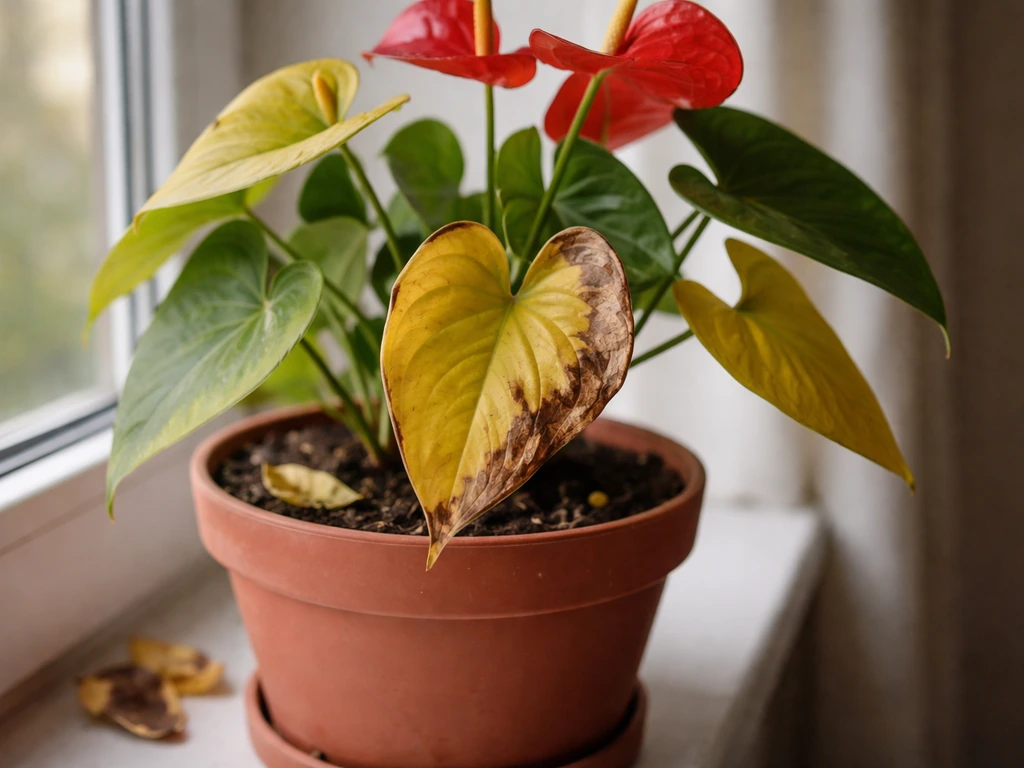 Close-up of a potted anthurium with yellowing leaves and brown crispy leaf edges on a windowsill.