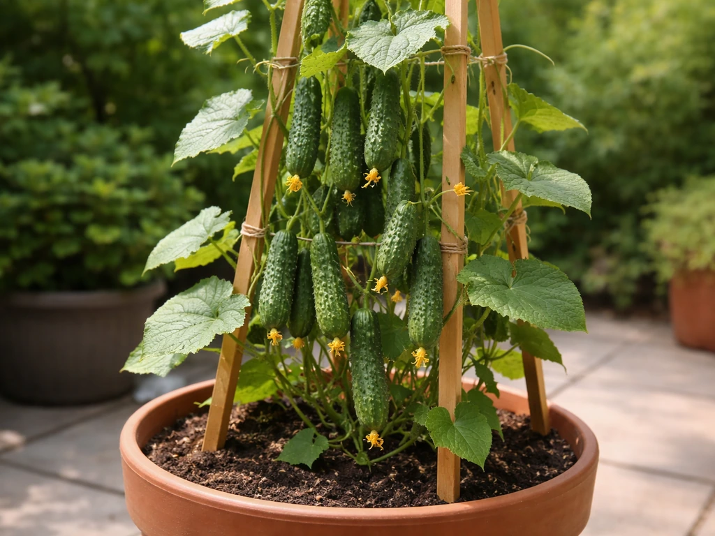 Abundant small pickling cucumbers growing on a trellis in a pot garden, ready for harvest.