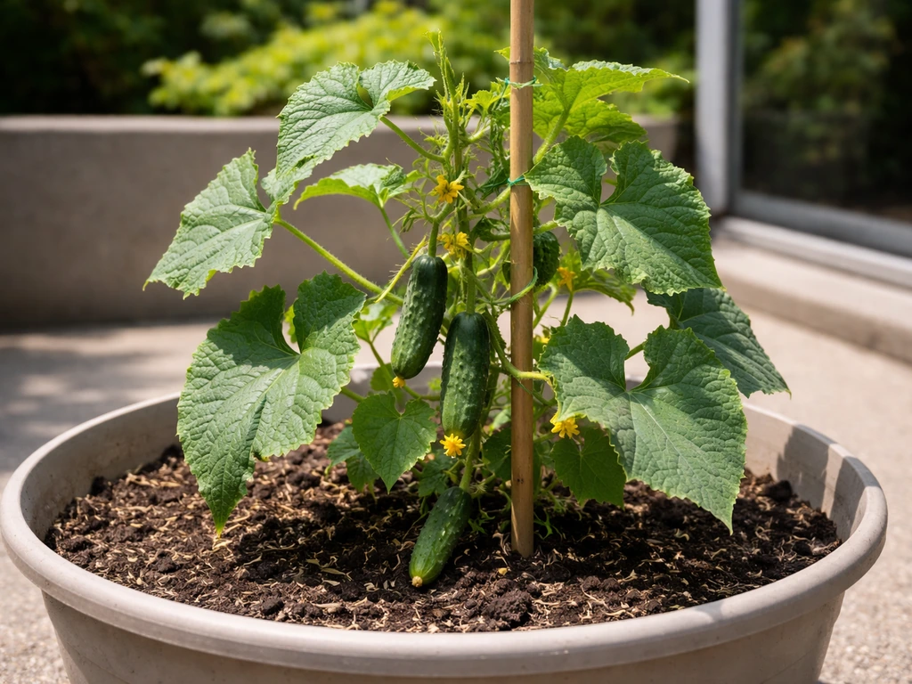 Compact cucumber plant with pickling cucumbers thriving in a soil-filled container with a small support stake.
