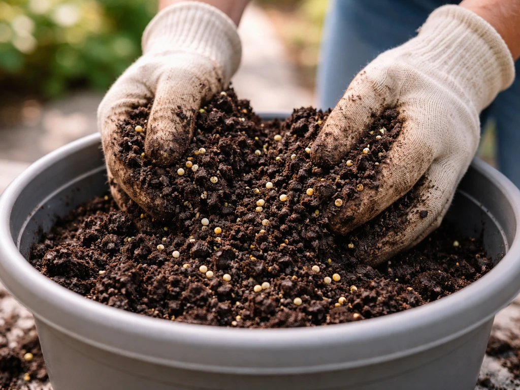 Hands filling a container with potting mix and sprinkling slow-release fertilizer for cucumbers