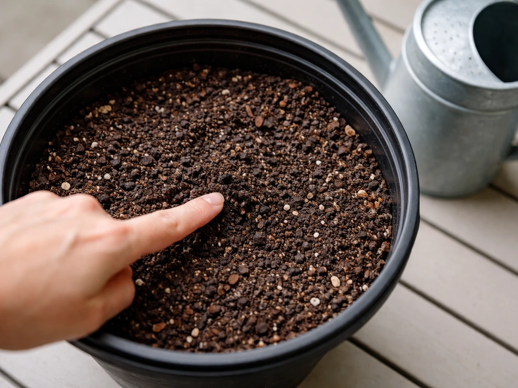 Top-down view of a finger checking potting mix moisture in a container cucumber pot with a watering can nearby.