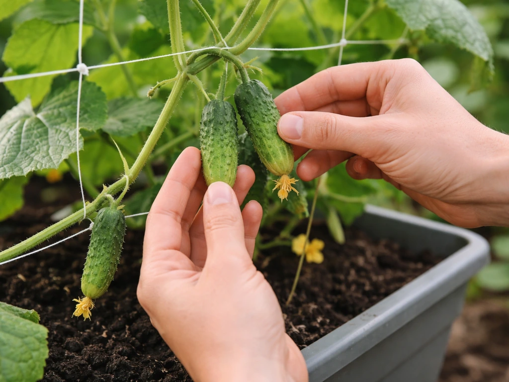 Hands harvesting small pickling cucumbers from a container trellis in a backyard garden