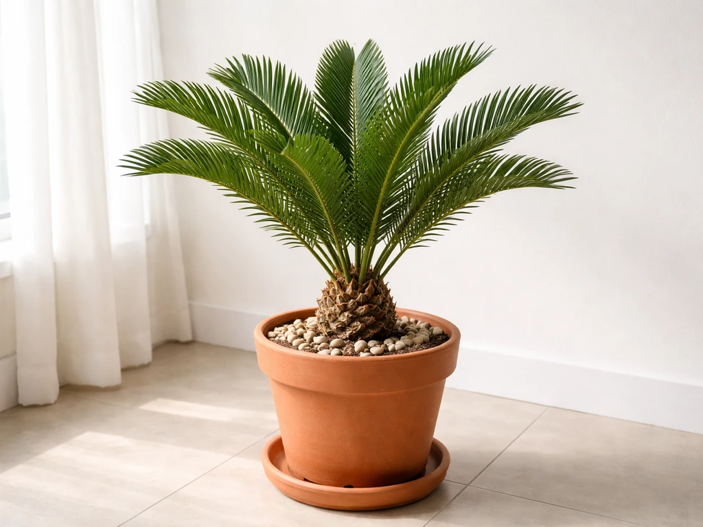 Healthy sago palm in a terracotta pot showing the pineapple-like caudex and lush fronds.