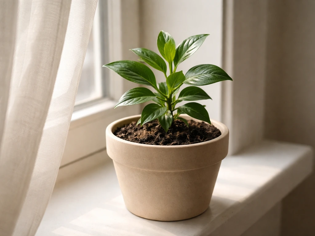 Potted plant on a bright windowsill behind a sheer curtain in soft indirect light.
