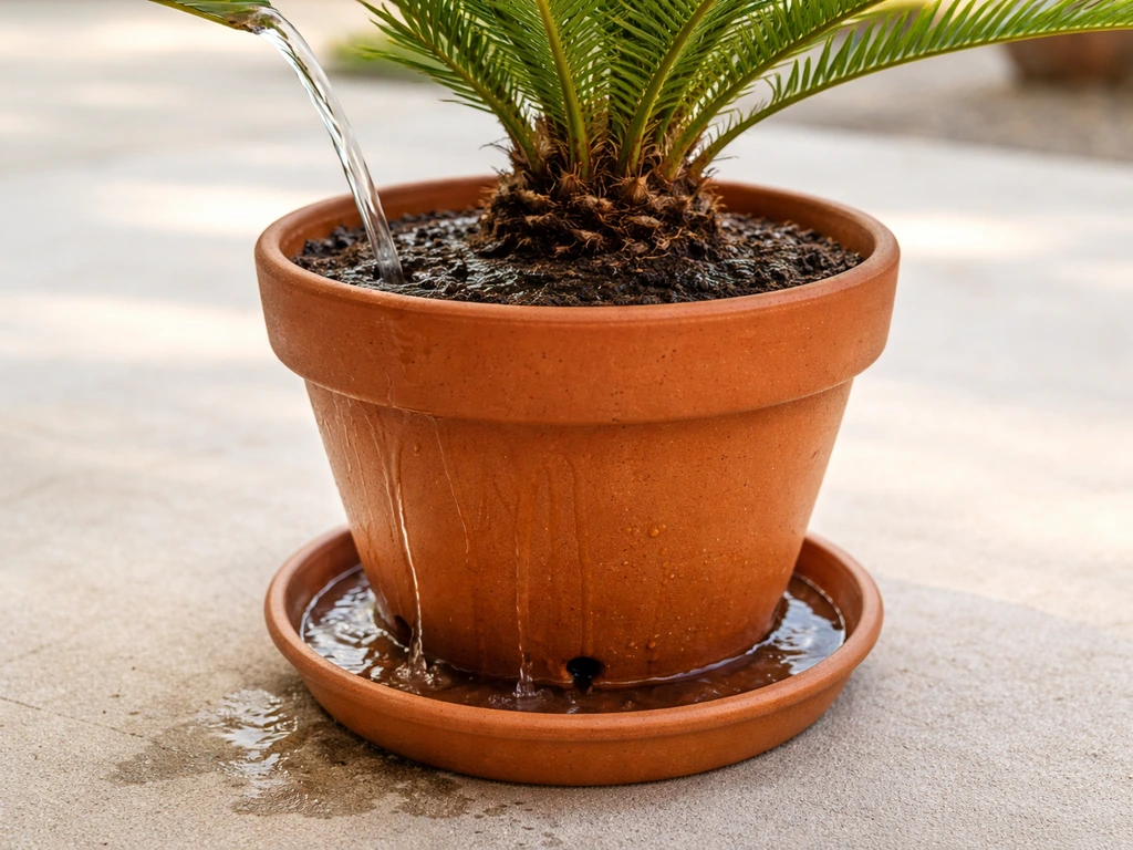 Sago palm in a pot while water runs out of the drainage holes onto a saucer