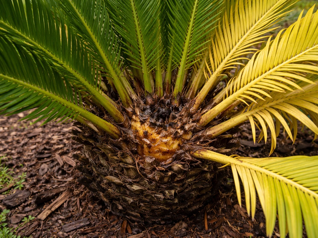 Close-up of a sago palm crown with healthy green fronds and yellowing fronds near the base
