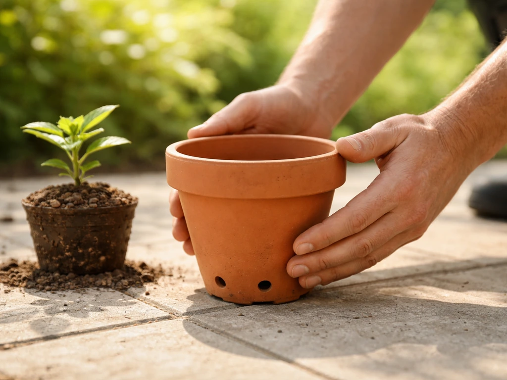 Gardener’s hands placing a terracotta pot with drainage holes in bright sunny patio light