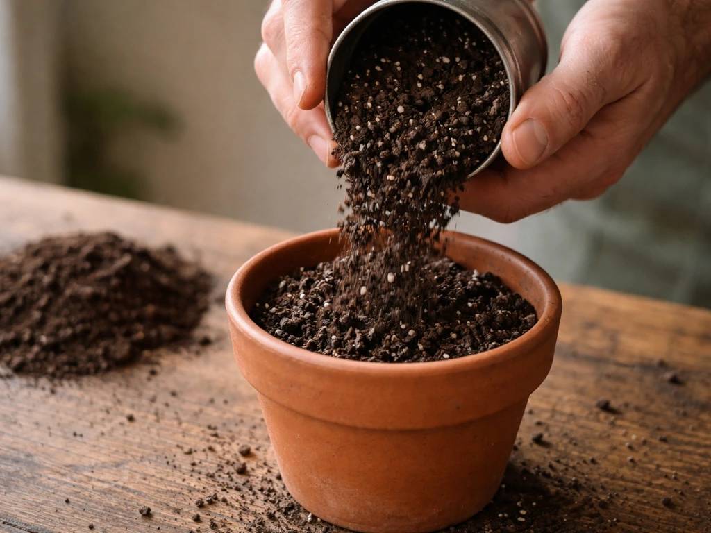 Closeup of potting mix pouring into a pot, showing rich, crumbly soil texture.