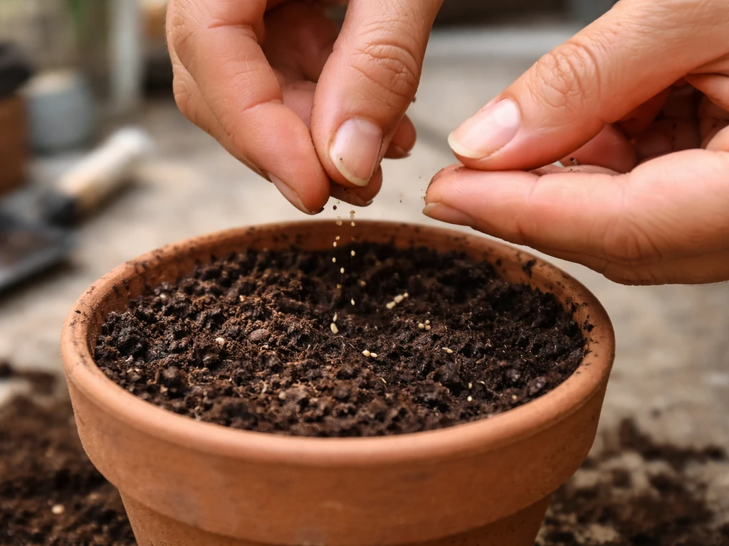 Close-up of hands sowing tiny flower seeds into a small pot of dark soil.