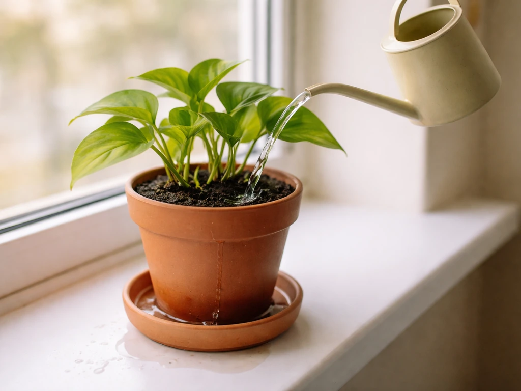 A potted plant being watered until excess water runs from drainage holes into the saucer.