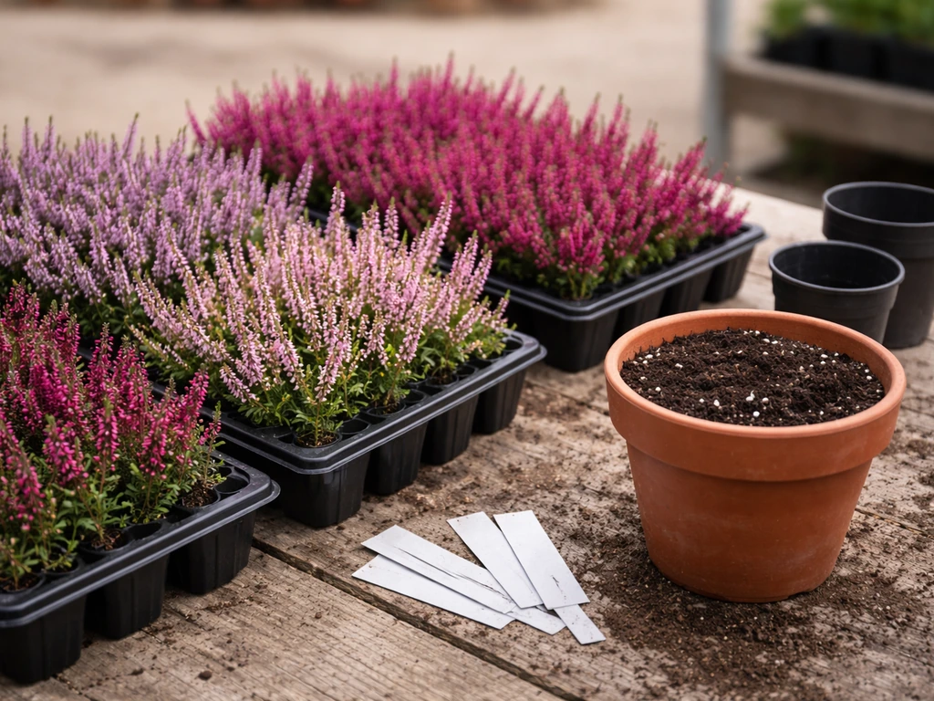 Close-up of several heather cuttings and prepared pots at a nursery bench, showing container setup.