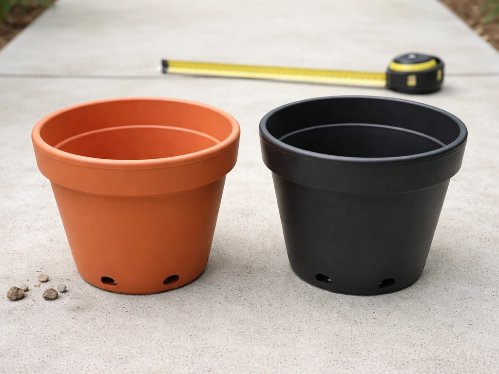 Side-by-side terracotta and plastic pots shown with visible drainage holes and size proportions.