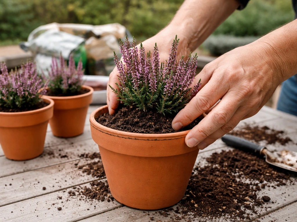 Hands placing a small heather plant into a pot, correct depth shown against the pot rim