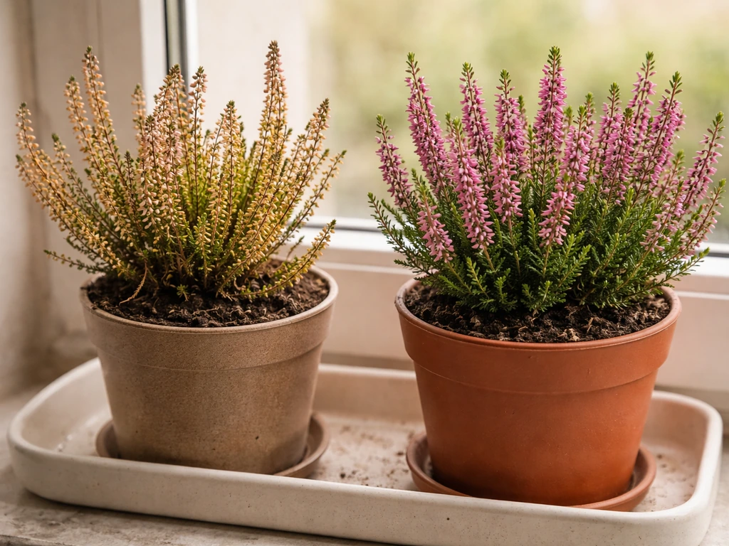 Potted heather with yellowing leaves beside a second pot of healthier green foliage in simple indoor light.