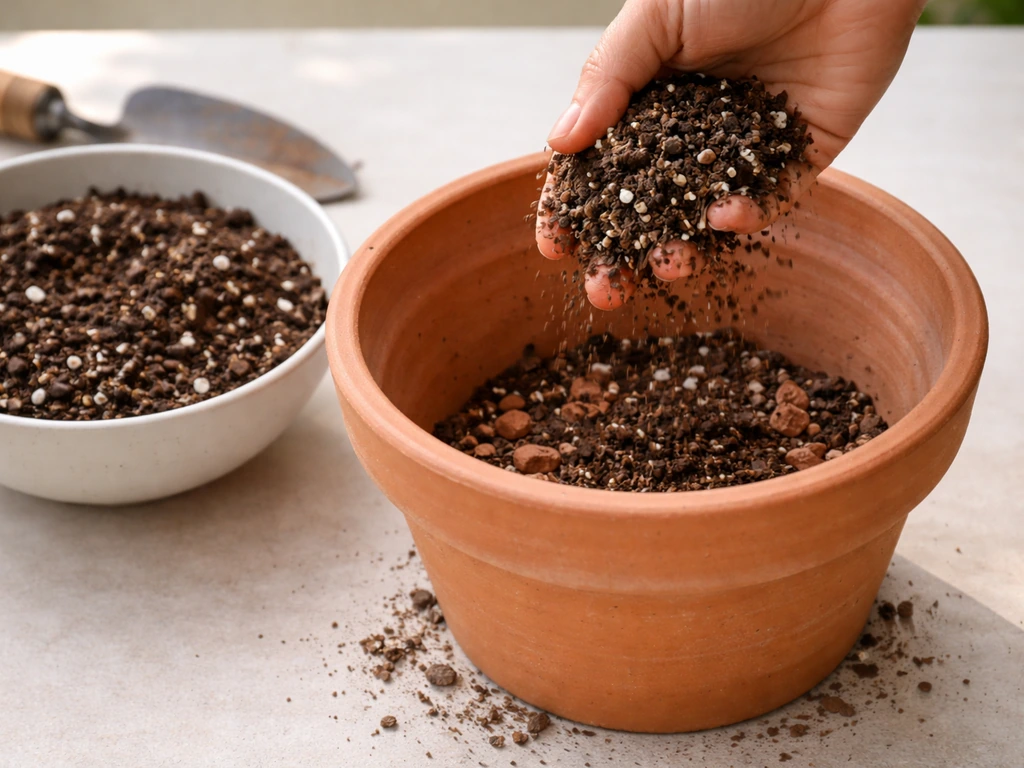 Hand filling a pot with amended soil mix while gravel/shards cover the drainage holes.