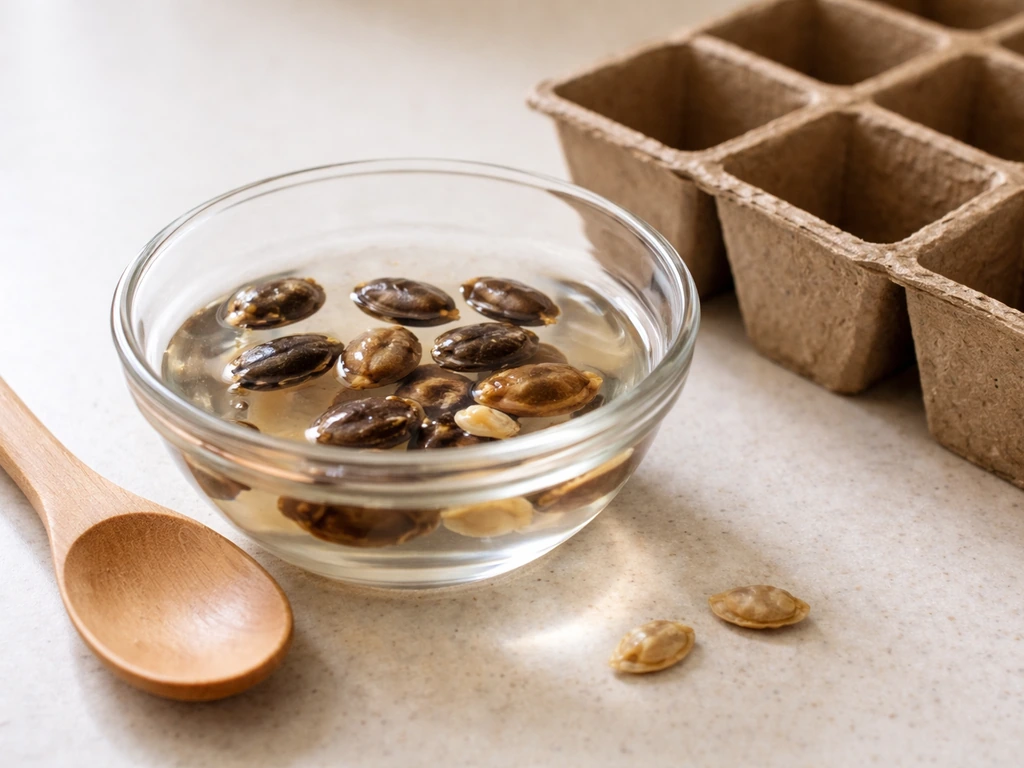 Bitter gourd seeds soaking in warm water beside an empty biodegradable seed-starting pot.