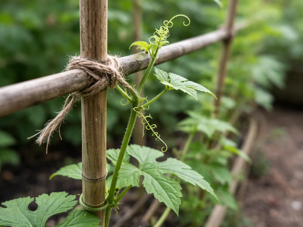 Green bitter gourd vine main stem gently tied to a trellis while tendrils reach upward.